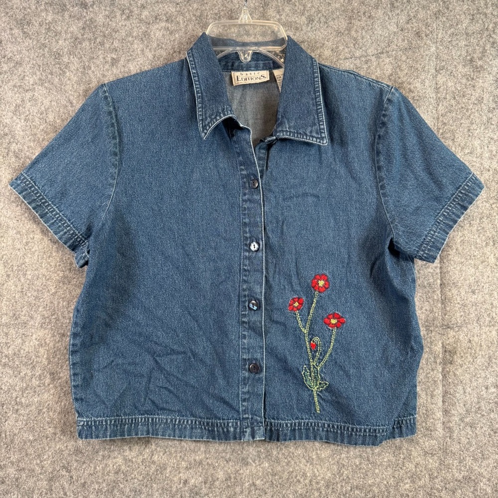 Vtg Cottagecore 90s Denim Embroidered Floral Button Up Shirt Womens 10 Top Crop